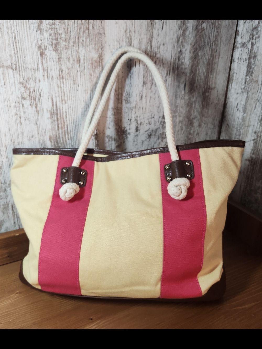 Straw Studios Cream Canvas Tote with Pink Stripes Rope Handles Nautical Vibes